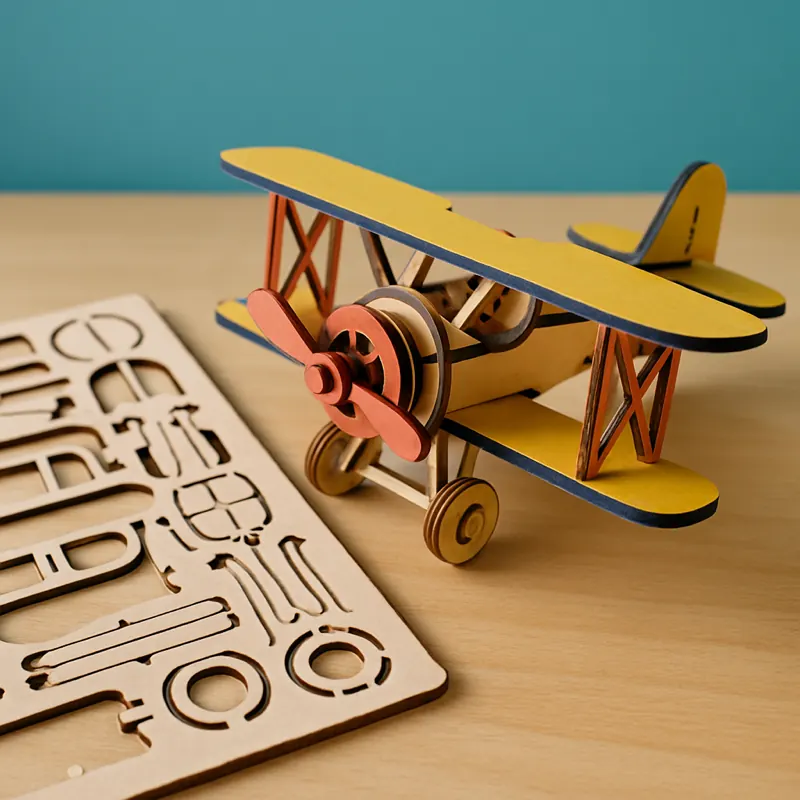 Avião de madeira montado a partir de um quebra-cabeça 3D de compensado, ao lado da cartela com peças soltas, sobre papel turquesa