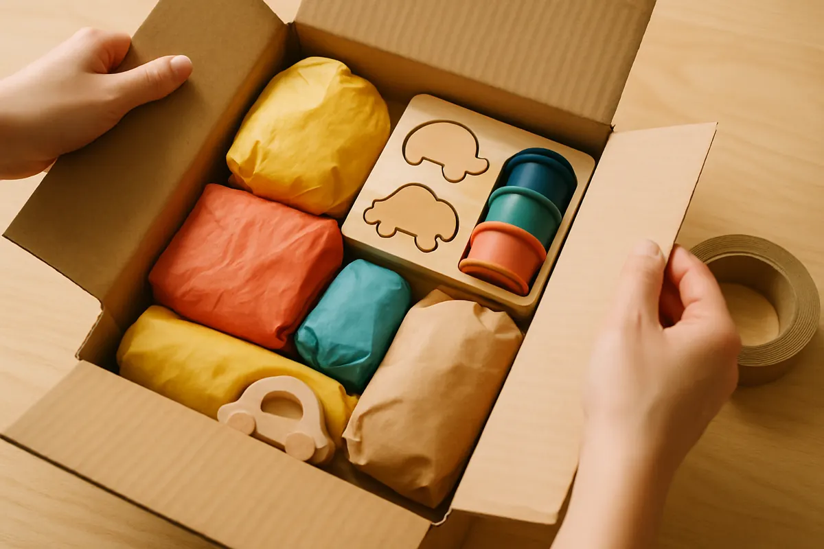 Caixa de papelão aberta, vista de cima, com brinquedos embalados em papel colorido e mãos fechando uma aba, pronta para envio
