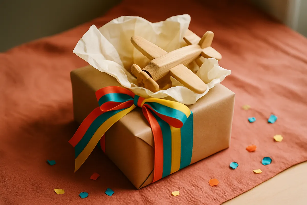 Presente embalado em papel kraft com laço colorido e um aviãozinho de madeira aparecendo entre papéis de seda, sobre tecido coral
